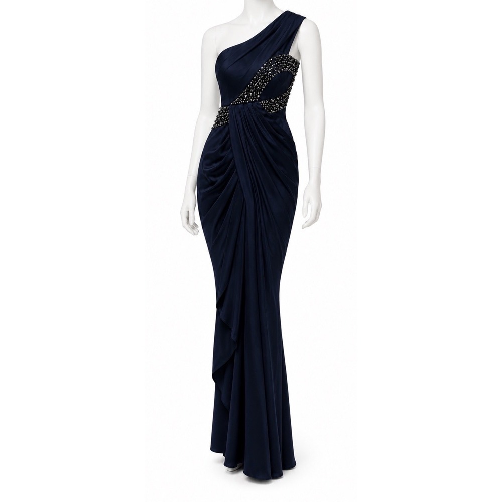 NWT Mandalay Navy Blue Beaded One Shoulder Formal Evening Gown Size 2